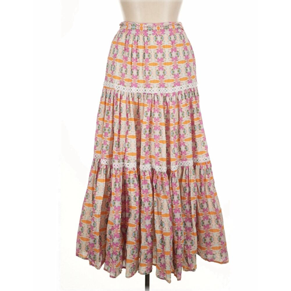 Brooks Ave Tiered Maxi Skirt XL Bohemian Floral Pockets Cotton Pink MSRP $242